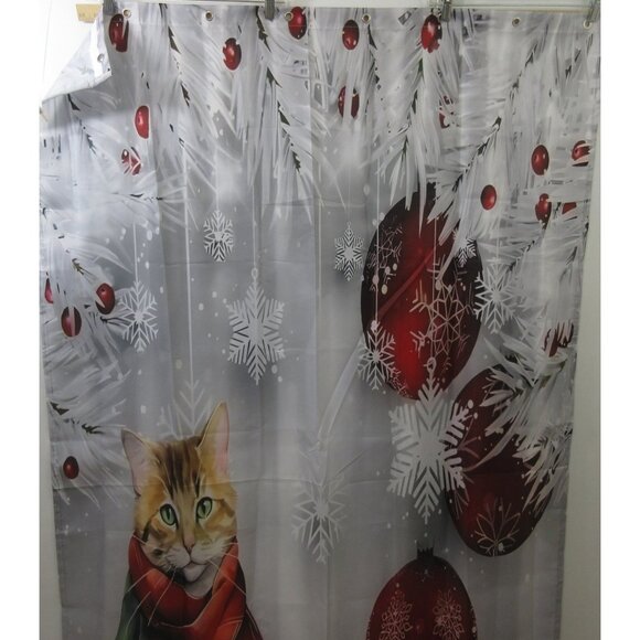 Gray Winter Ginger Cat Shower Curtain 44"x72" Waterproof  Xmas Ornaments 8 Hooks - Picture 3 of 6